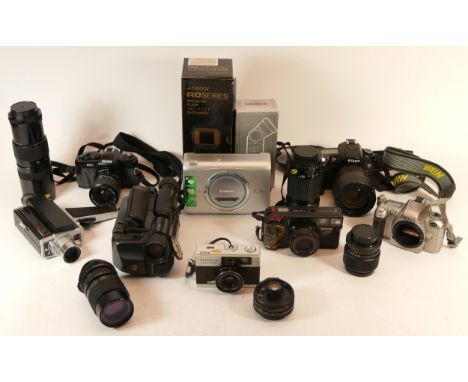 A collection of mixed cameras and accessories to include two video camcorders, two compact film cameras and a Nikon D80 digit