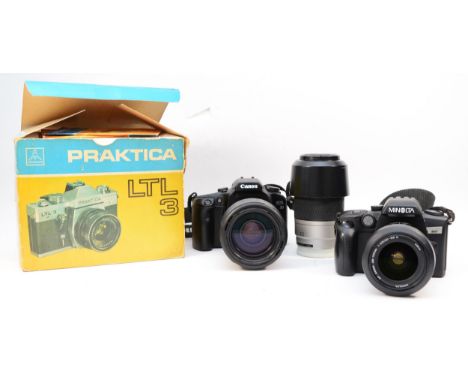 Four vintage film SLR cameras to include a Minolta Dynax 60, a Canon EOS 30, a Praktica LTL 3 and a Yashica J-7 together with