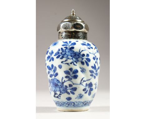 A CHINESE KANGXI BLUE &amp; WHITE PORCELAIN VASE WITH SILVER NECK, typically decorated with scenes of flora, 12.2cm high, 6.4