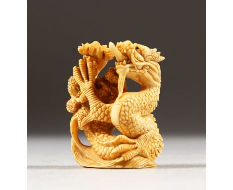 A JAPANESE CARVED IVORY NETSUKE OF A DRAGON, himatoshi formed at the base, signed to the base, 4.6cm high, 3.5cm wide.