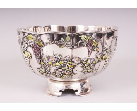 A FINE QUALITY JAPANESE MEIJI PERIOD SILVER &amp; ENAMEL DOUBLE SKINNED LOBED BOWL, depicting beautiful scenes of hanging wis