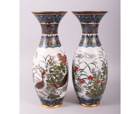 A GOOD PAIR OF FINE QUALITY JAPANESE CLOISONNE ENAMEL VASES, decorated with geese, quail and cranes amongst foiliage, surroun