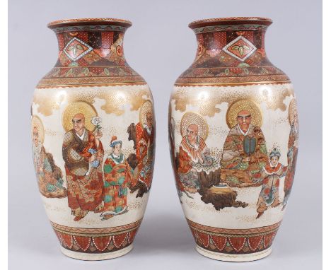 A GOOD PAIR OF JAPANESE MEIJI PERIOD SATSUMA PORCELAIN VASES, finely painted with scenes of immortal figures, the neck and ba