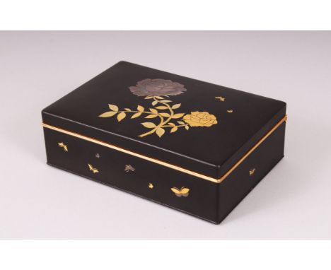 A LOVELY JAPANESE IRON KOMAI STYLE DAMASCENED TRINKET BOX, the lid depicting flowers and butterflies, the sides decorated wit