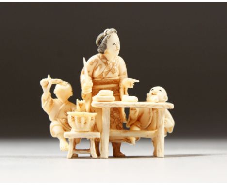 A GOOD QUALITY EARLY 20TH CENTURY SIGNED JAPANESE IVORY NETSUKE, carved in the form of a lady preparing vegetables in the com