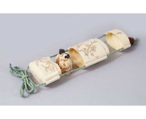 A FINE QUALITY JAPANESE MEIJI PERIOD CARVED IVORY TWO CASE INRO, with an attached carved wooden ojime bead of two clams, the 