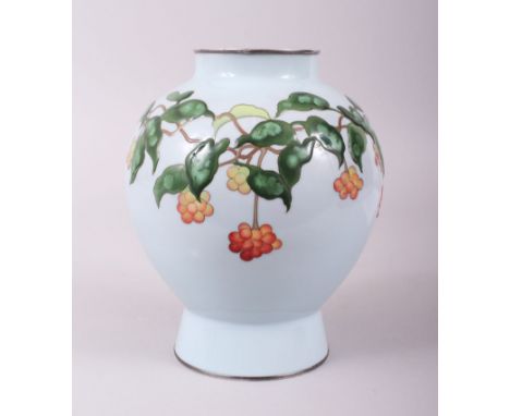 A FINE JAPANESE SILVER MOUNTED ANDO CLOISONNE MORIAGE VASE, detailed with twisting vine and berry decoration, upon a lovely l