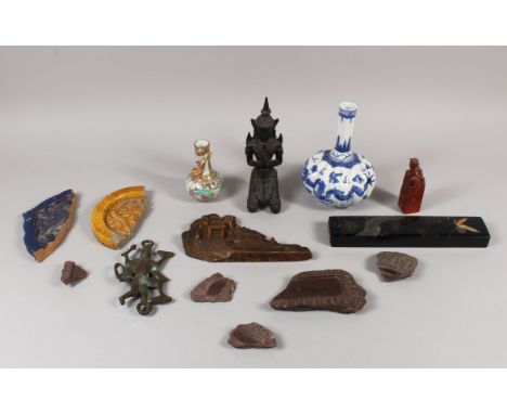 A QUANTITY OF SUNDRY ORIENTAL ITEMS, including tile fragments, a Thai wood deity, two Chinese vases, a lacquer box and a soap