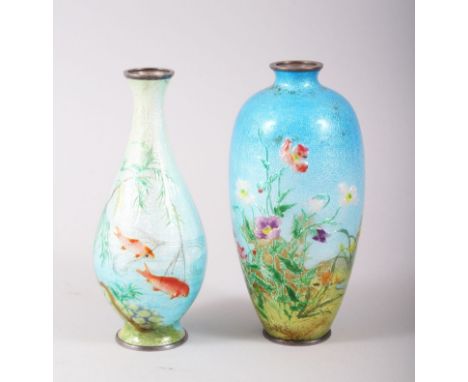 TWO JAPANESE BASTILLE ENAMEL VASES, one vase with scenes of native flora unsigned, and the other with scenes of swimming fish