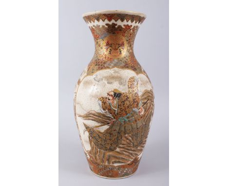 A FINE QUALITY JAPANESE MEIJI PERIOD SATSUMA PORCELAIN VASE, the main panels finely decorated with warriors amongst rocky out