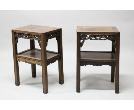 ANOTHER GOOD PAIR OF CHINESE HARDWOOD STANDS, featuring a single central shelf with a carved apron, each measure approx. 40.5