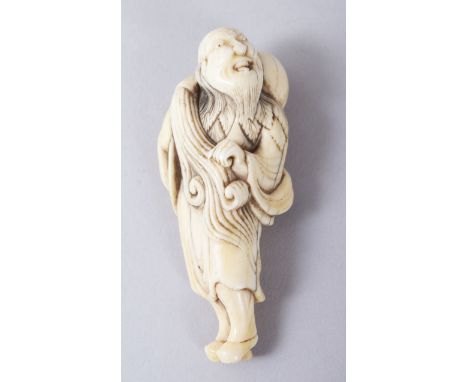 A GOOD JAPANESE EDO PERIOD CARVED IVORY NETSUKE OF CHOKWARO SENNIN, STOOD HOLDING A SACK OF WIND, 7cm.