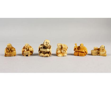 A GROUP OF SIX JAPANESE CARVED IVORY NETSUKE, all depicting seated Japanese elders working, some with polychrome dcor, Meiji 