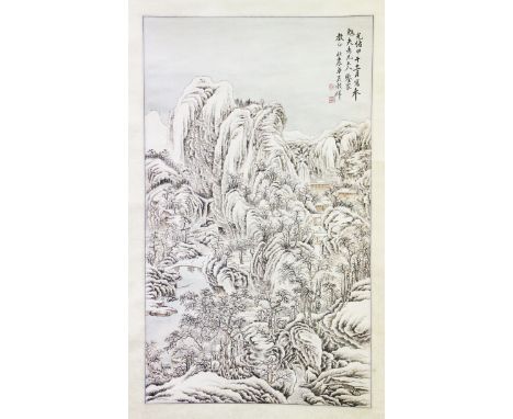 A CHINESE SCROLL PRINT WITH TWO OTHER CHINESE PRINTS, the scroll depicting scenes of snow-covered rocky outcrops with wooden 