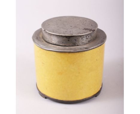 A RARE CHINESE 19TH CENTURY CLARE DE LUNE PORCELAIN &amp; PEWTER TEA CADDY, imperial yellow in colour, 10.5cm high, 10.2cm di