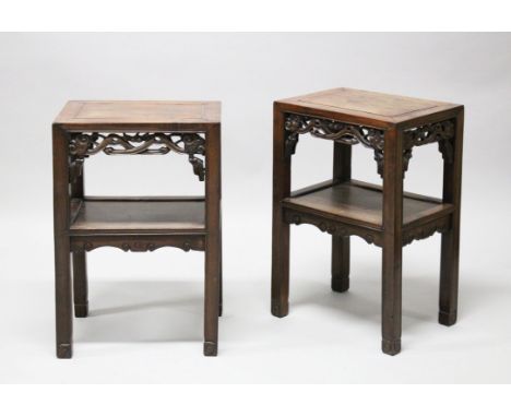 A GOOD PAIR OF CHINESE HARDWOOD STANDS, featuring a single central shelf with a carved apron, each measure approx. 40.5cm wid