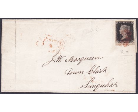 POSTAL HISTORY : 1840 Penny Black plate 2 (TK) on wrapper from Kilmarnock to Sanquhar, three margins, base margin very big. l