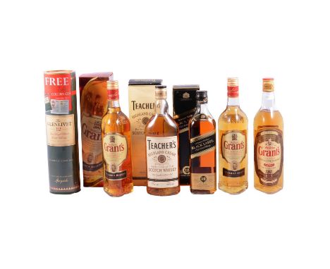 Six bottles of assorted whisky - blends and a single malt:Glenlivet, 12 year old, single Highland malt whisky, in presentatio