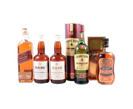 Five bottles of blended Scotch and Irish whisky:Haig Gold Label, 1970s bottlings, 26 2/3fl ozs, 70 proof, x2Mackinlay's Legac