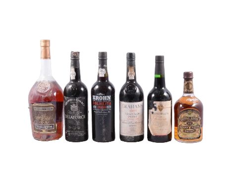Six bottles of assorted vintage port, cognac, and whisky:1977 Grahams vintage port197 [?] Delaforce vintage port1997 Chateau 