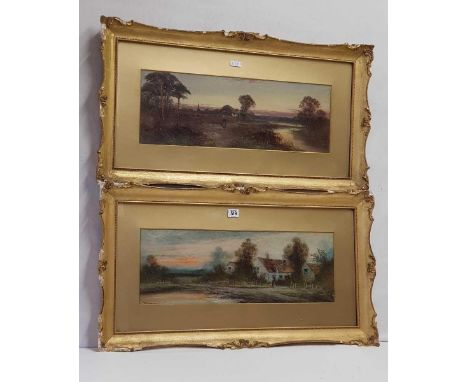 PAIR OF 19THC GILT FRAMED OIL PAINTINGS OF FIGURES BEFORE COTTAGES AT DUSK AND AT DAWN, BOTH SIGNED A RAMUS, 16 X 30”