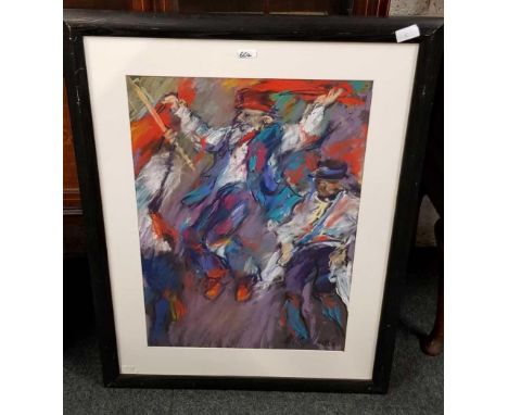 F/G PASTEL DRAWING OF MORRIS DANCERS, F/G PAINTING OF VIOLINIST BY GLO WILLIAMS & F/G PORTRAIT OF A WOMAN