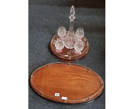 2 MAHOGANY SERVING TRAYS WITH BRANDY GLASSES & DECANTER & STOPPER