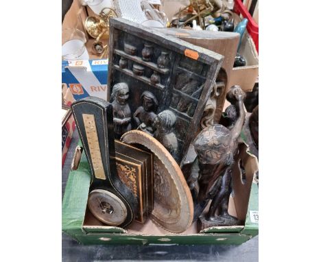 CARTON WITH MISC CARVED ITEMS &  INLAID TRINKET BOX & A BAROMETER A/F