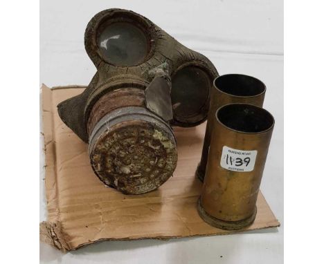 RELIC FIRST WORLD WAR GAS MASK & 2 CUT DOWN SHELL CASES