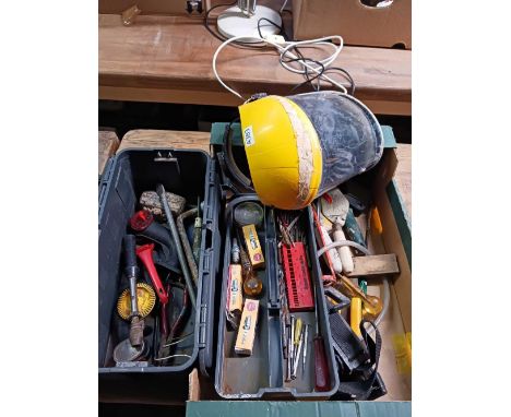CARTON WITH PLASTIC TOOL BOX WITH CONTENTS, MISC HAND TOOLS & AN AIR MASK WITH REGULATOR