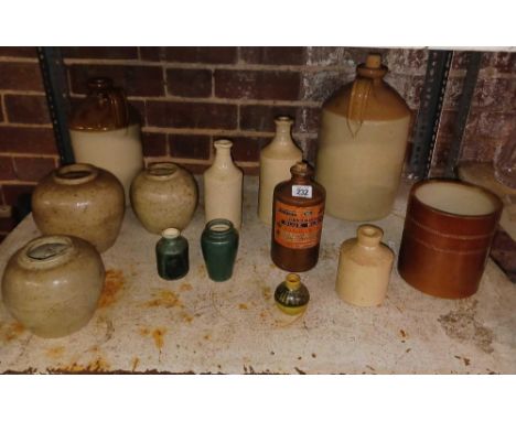 SHELF OF STONE GLAZED POTTERY, JARS & A STEPHENS STONE GLAZED WRITING FLUID BOTTLE