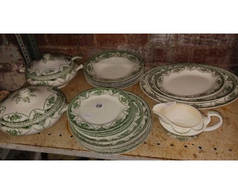 SHELF OF GREEN & WHITE CHINA BY UNIVERSAL, BRITISH MADE, GRAVY JUG WITH DAMAGE