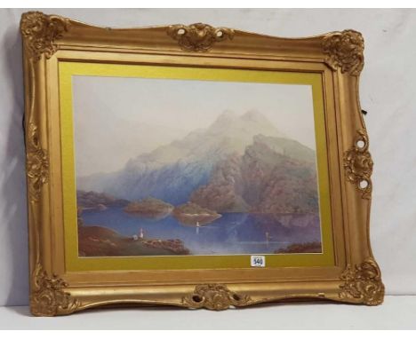 19THC WATERCOLOUR OF FIGURES IN AN EXTENSIVE LAKELAND LANDSCAPE IN DECORATIVE ANTIQUE GILT FRAME, 23 X 30”