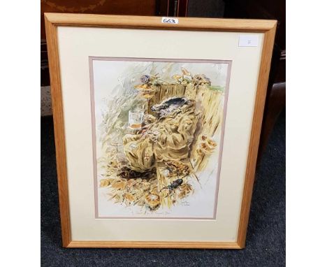2 FRAMED PAINTINGS BY GLO WILLIAMS OF A GIRL ON A SWING & A CAFE SCENE & A FRAMED MARJORIE DUMORTIER ETCHING OF THE FISHERMAN