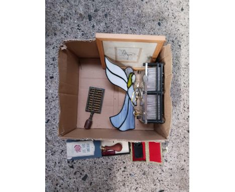 SMALL CARTON WITH BRASS ABACUS, WAX SEAL STAMPS, A PIN ART BOARD & A LEADED GLASS ANGEL