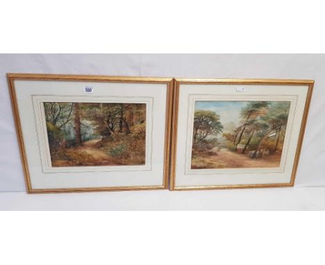 GOOD PAIR OF 19THC WATERCOLOURS OF FIGURES ON A WOODLAND PATH AND ANOTHER OF A GYPSY ENCAMPMENT. IN GOOD MATCHING FRAMES, 17 