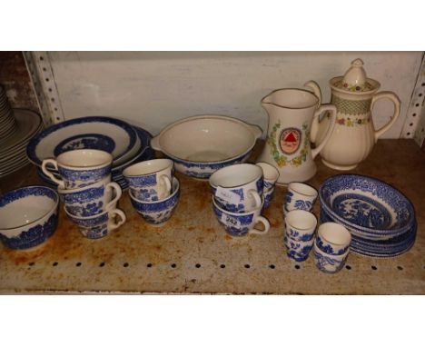 SHELF OF BLUE & WHITE CHINA, A BASS & CO. WATER JUG & A MASONS COFFEE POT