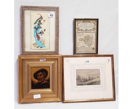 4 MIXED F/G PICTURES, A MAP OF RADNISHER, AN INDIAN PORTRAIT OF MAN & WOMAN, PORTRAIT OF A GENTLEMAN & A HILLSIDE SCENE