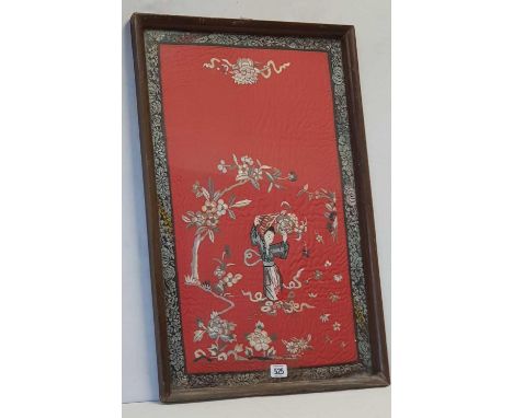 OLD SILK EMBROIDERED PANEL OF FIGURES AND FLOWERING BRANCHES, 27 X 17”