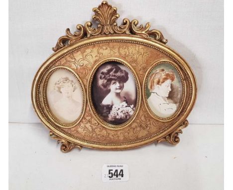 AN ANTIQUE STYLE GILT FRAME WITH TRIPLE APERTURE CONTAINING TWO 19TH CENTURY PORTRAIT MINIATURE WATERCOLOURS OF LADIES AND A 