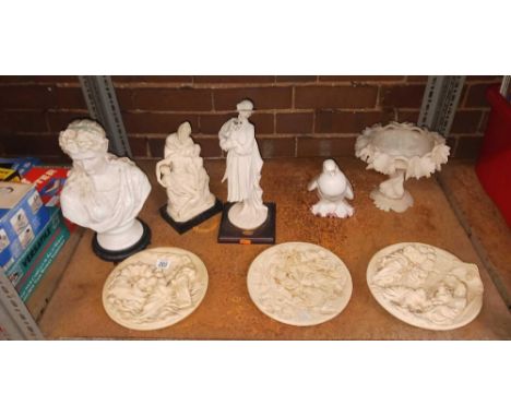 SHELF WITH MISC FIGURINES & ALABASTER BOWL ON STAND, CHINA DOVE & 3 RESIN RELIGIOUS PLATES