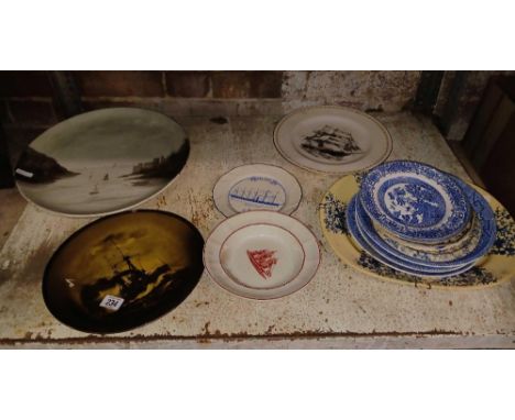 SHELF WITH BLUE & WHITE CHINA & MARITIME PLATES