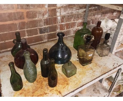 SHELF OF VINTAGE JARS & BOTTLES INCL; A HOMEGAARD GLASS CHERRY ELSINORE CARAFE