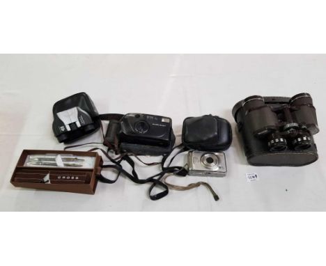 CARTON WITH A PAIR OF MIRANDA 8 X 40 BINOCULARS IN CASE, FIJI FILM CAMERA, CANNON SHORE SHOT & A SMALL PAIR OF HANOPTIK 7 X 1