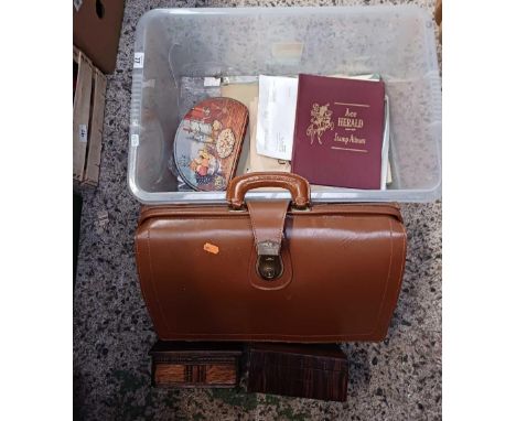 CARTON WITH WOODEN TRINKET BOX, STAMP ALBUMS, BROWN DOCUMENT CASE & A TIN OF STAMPS