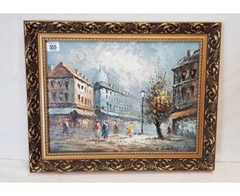 C BURNETT; OIL PAINTING ON BOARD OF FIGURES IN A PARISIAN STREET SCENE IN A DECORATIVE GILT FRAME, 15 X 19”
