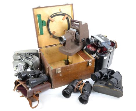 Pair of Ross 7x50 Steplux binoculars, another pair of binoculars, Bolex SI Cine-camera, together with a barometer, vintage le