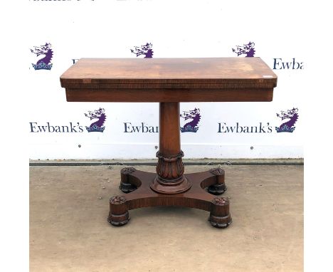 William IV rosewood fold over card table on centre column and platform base