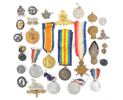 WWII trio to 15374 PTE. P. S. WALLER. SUFF. R. together with various regimental badges and coronation medals, 
