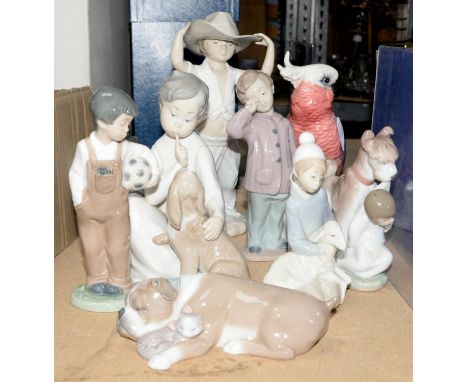 Eight Lladro and NAO figures of children and animals and a Beswick parrot, (9),